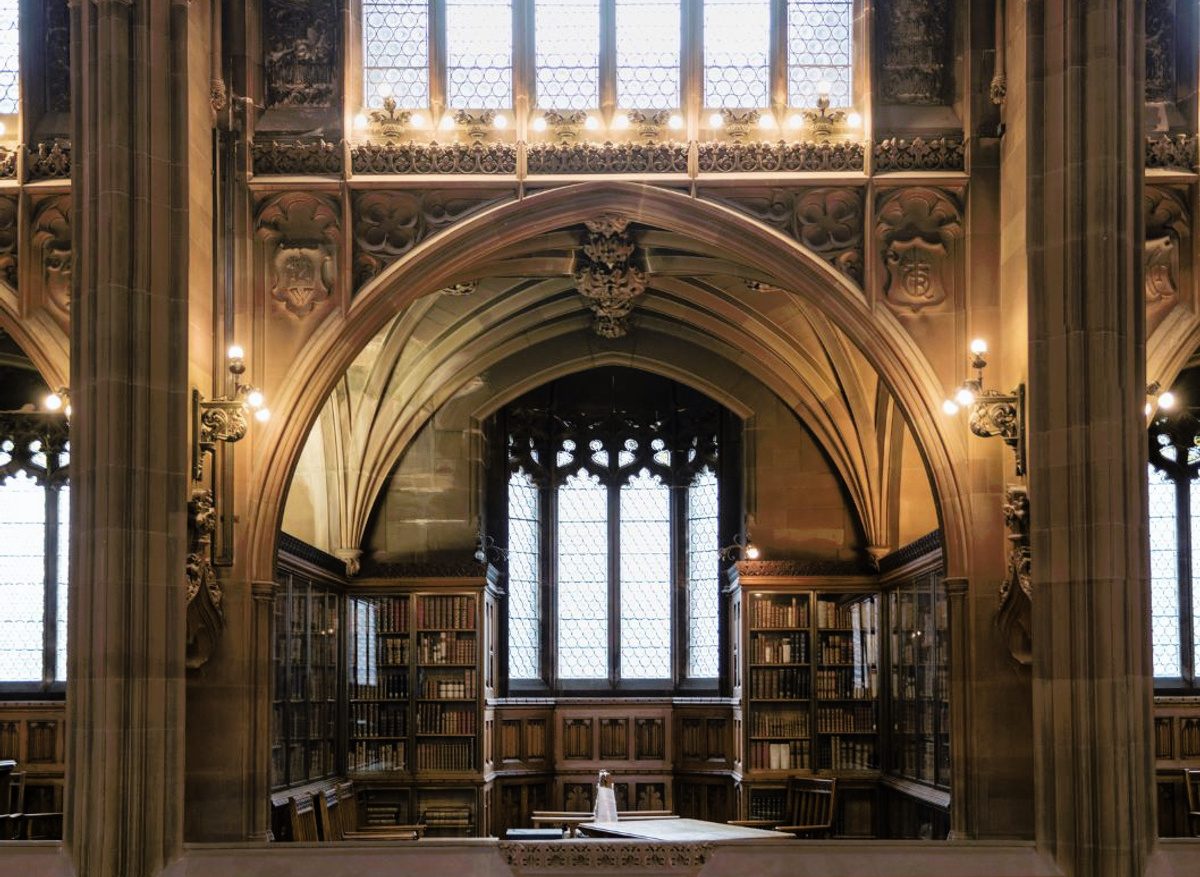 The Historic Reading Room at the John Rylands Library, Manchester, showing one of 30 similar bays